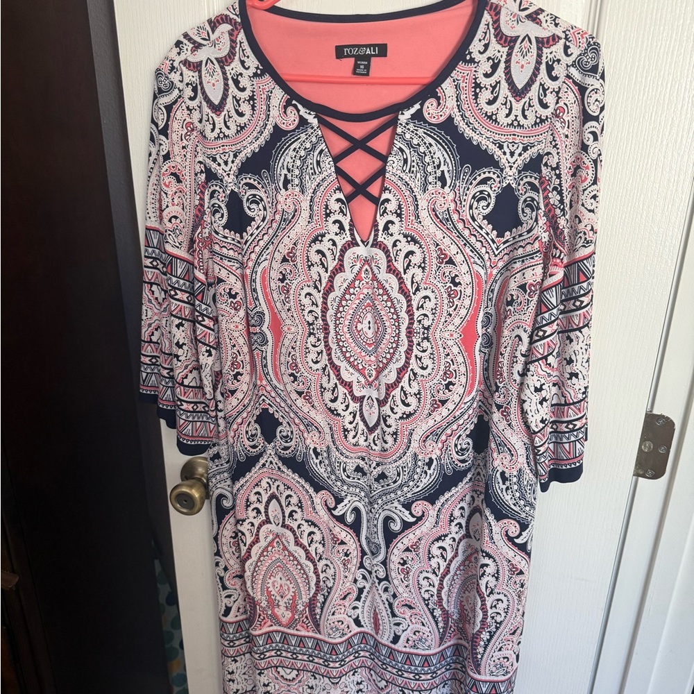 Roz & Ali Navy and Coral Paisley Lace-Up Tunic